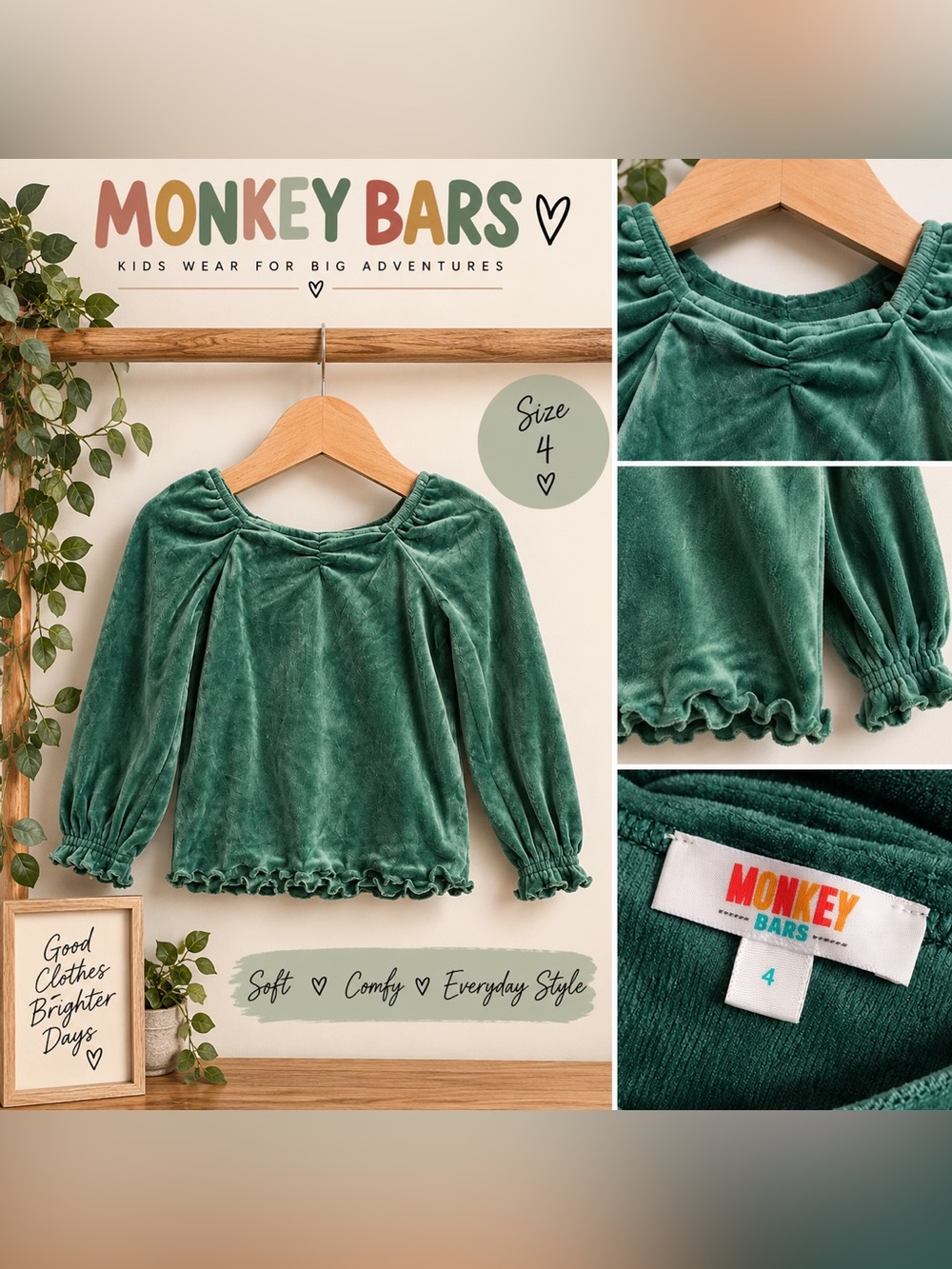Monkey Bars Girls Size 4 Green Velour Long Sleeve Ruffle Top
